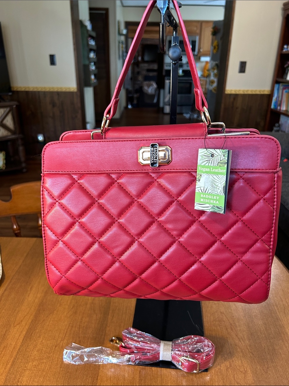 Badgley Mischka Quilted Red Vegan Leather Top-Handle Satchel